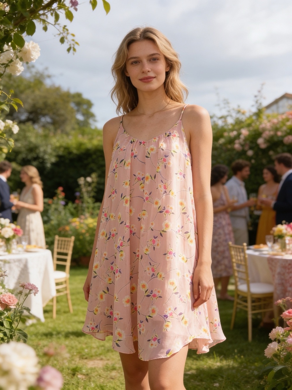 Lush Pink Floral Swing Mini Dress Chiffon Spaghetti Strap Small